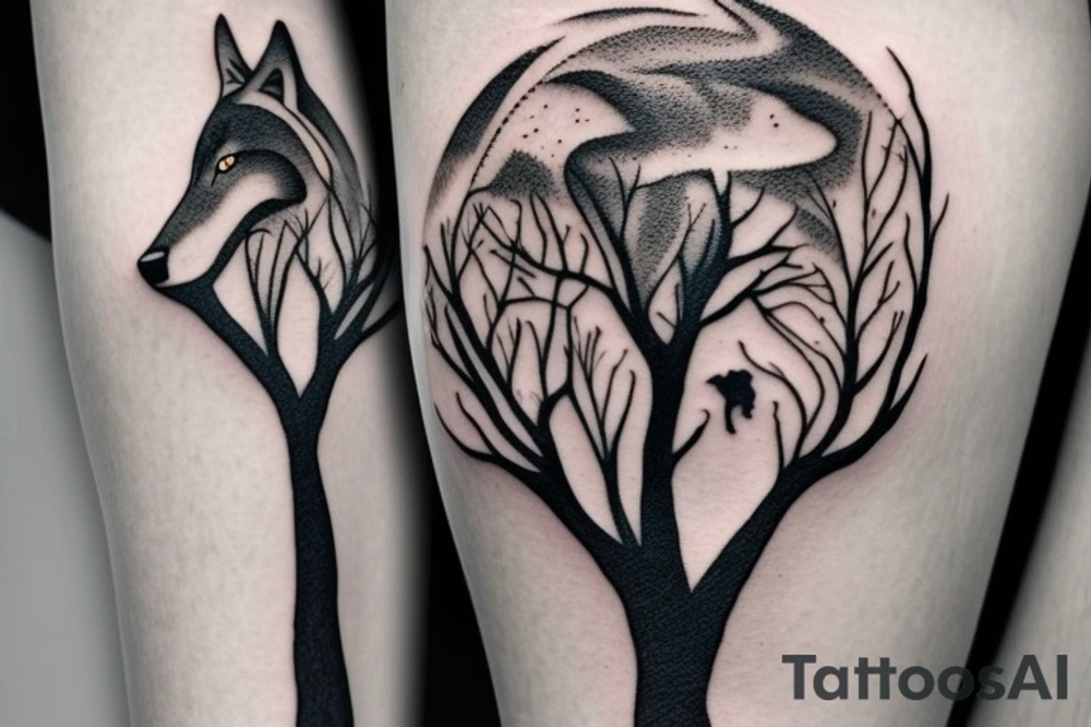 a wolf with a tree life, blue eyes, a moan, it have to be on the right tight and the tree have to go under the knee tattoo idea