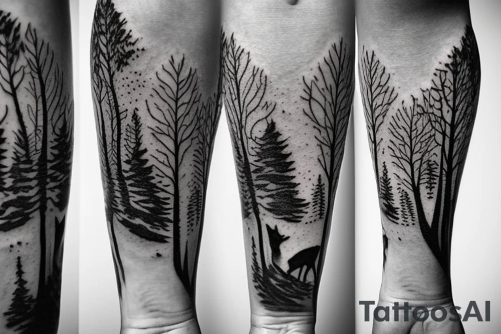 a wolf with a tree life, blue eyes, a moan, it have to be on the right tight and the tree have to go under the knee tattoo idea
