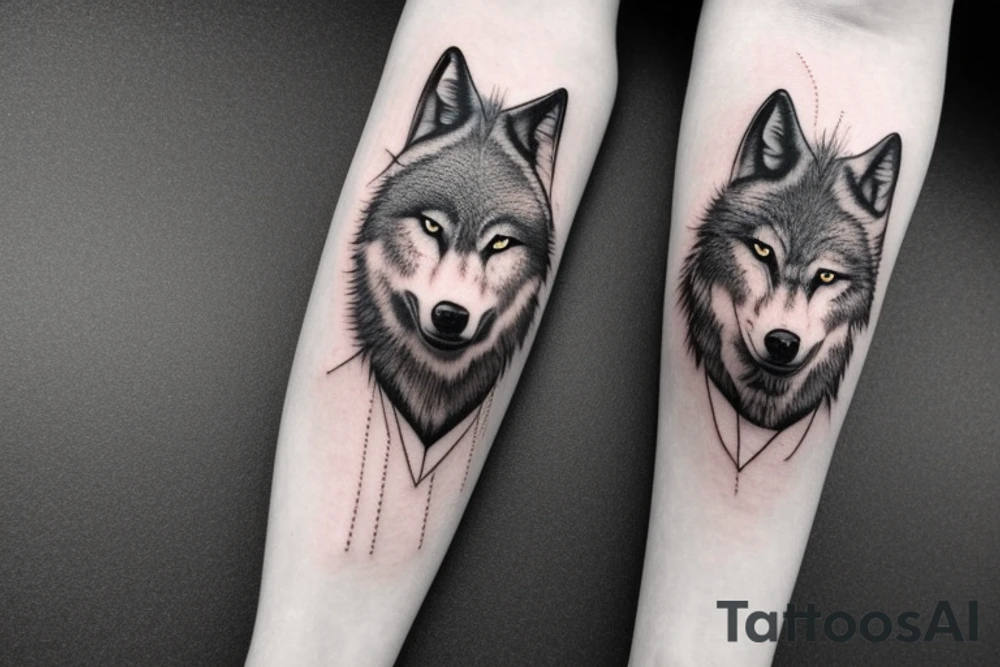 a wolf big head with a tree life, blue eyes, a moan, it have to be on the right tight and the tree have to go under the knee tattoo idea