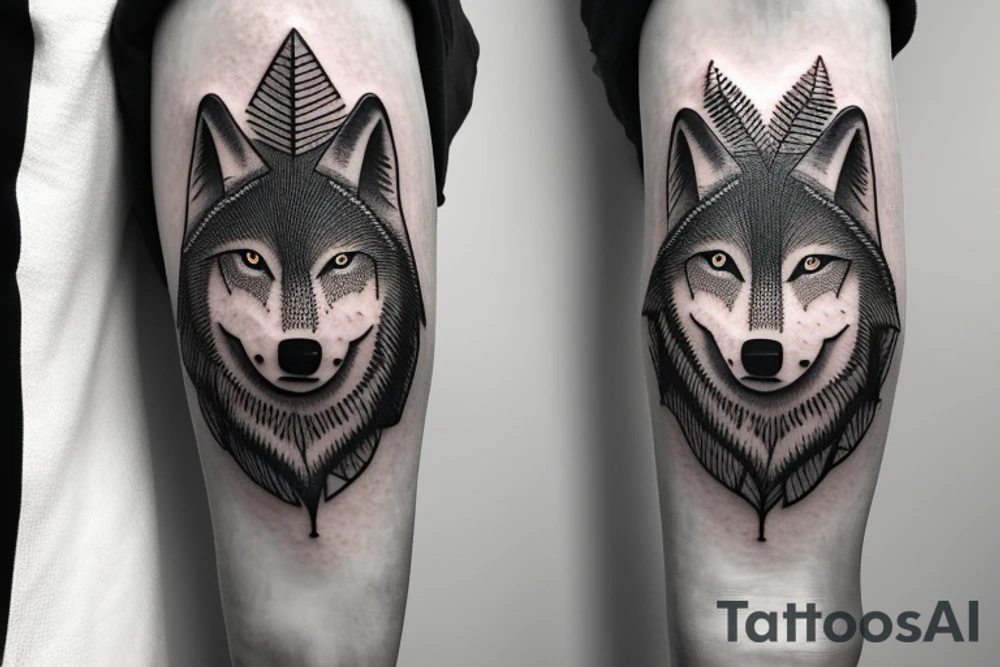 a wolf big head with a tree life, blue eyes, a moan, it have to be on the right tight and the tree have to go under the knee tattoo idea