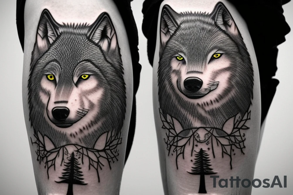 a wolf big head with a tree life, blue eyes, a moan, it have to be on the right tight and the tree roots have to go under the knee tattoo idea