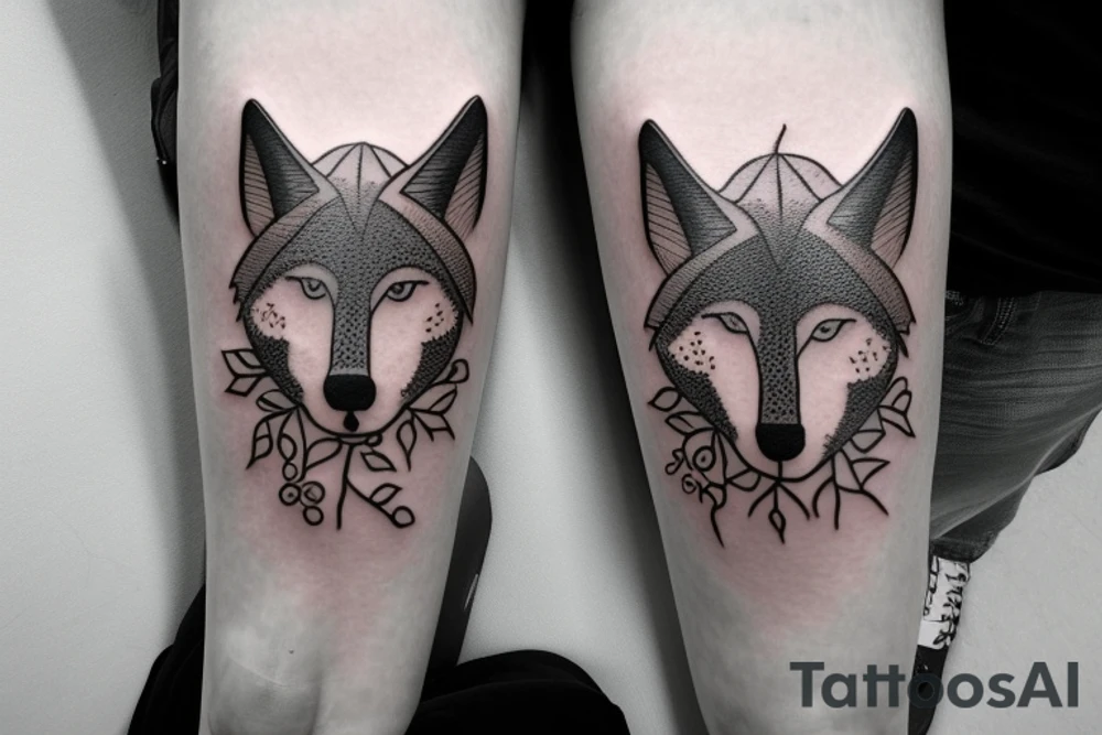 a wolf big head with a tree life, blue eyes, a moan, it have to be on the right tight and the tree roots have to go under the knee tattoo idea