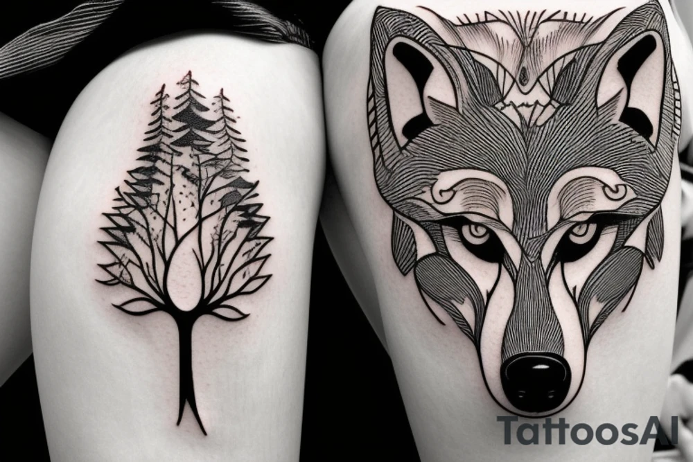 a wolf big head with a tree life, blue eyes, a moan, it have to be on the right tight and the tree roots have to go under the knee tattoo idea