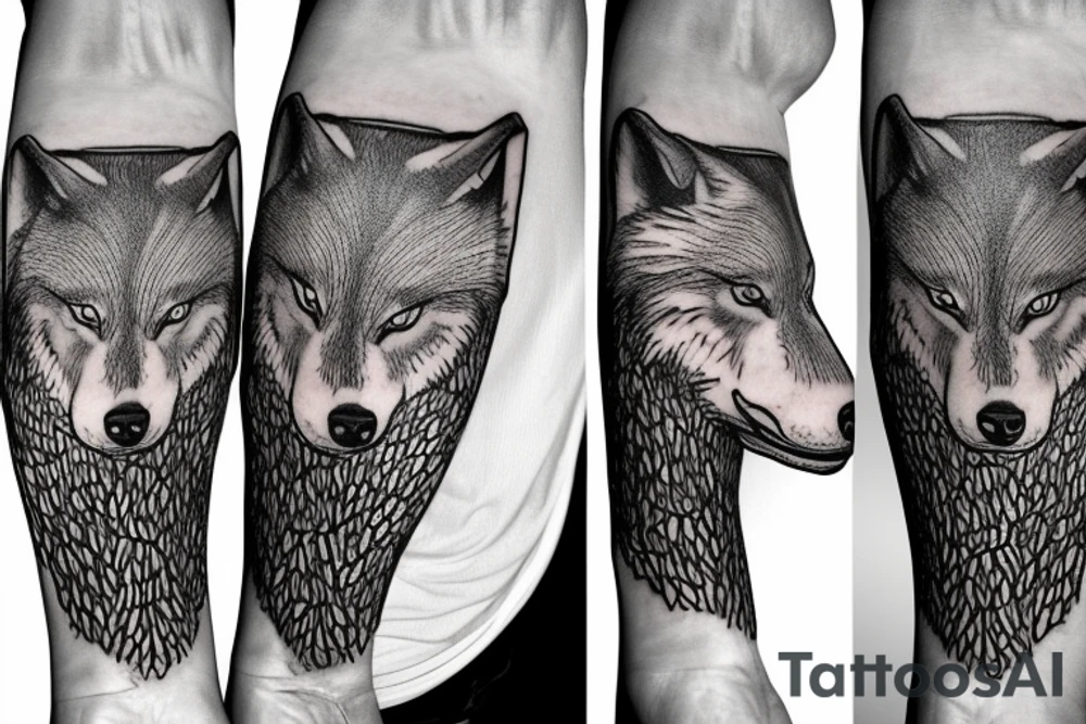 a wolf big head with a tree life, blue eyes, a moan, it have to be on the right tight and the tree roots have to go under the knee tattoo idea