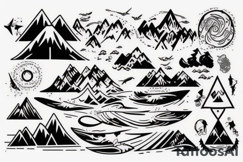 Surfing, mountains, beach, magic tattoo idea