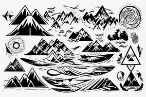 Surfing, mountains, beach, magic tattoo idea