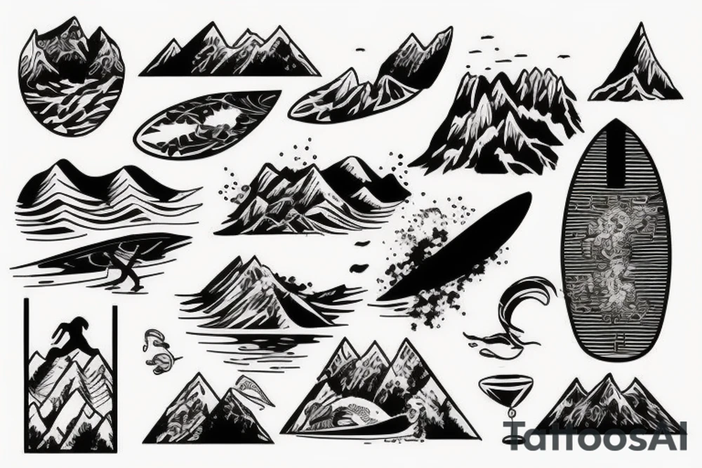 Surfing, mountains, beach, magic tattoo idea