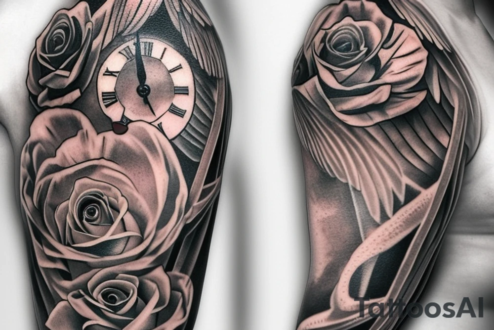half sleeve Angel wing with clock, hourglass and roses tattoo idea