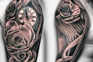 half sleeve Angel wing with clock, hourglass and roses tattoo idea