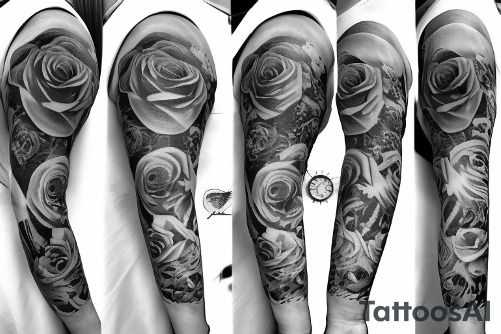 half sleeve Angel wing with clock, hourglass and roses tattoo idea