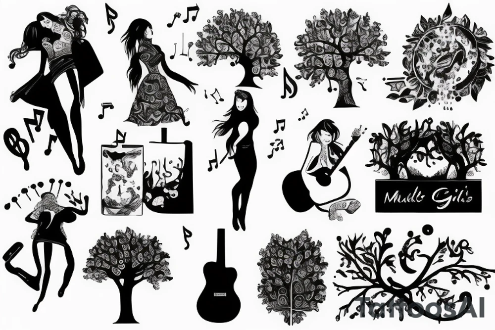 Musical girls and trees tattoo idea