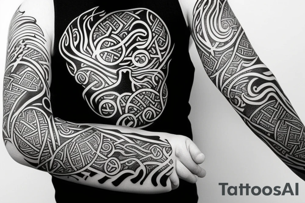 Norse style arm sleeve with trees and a streak of purple lightning tattoo idea