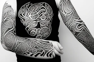 Norse style arm sleeve with trees and a streak of purple lightning tattoo idea