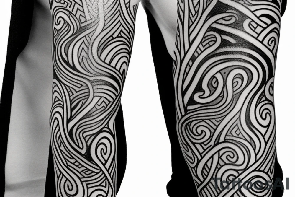 Norse style arm sleeve with trees and a streak of purple lightning tattoo idea