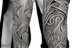Norse style arm sleeve with trees and a streak of purple lightning tattoo idea