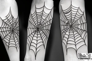 A tattoo of spider webs and a spider falling from them and birds flying in spider webs tattoo idea