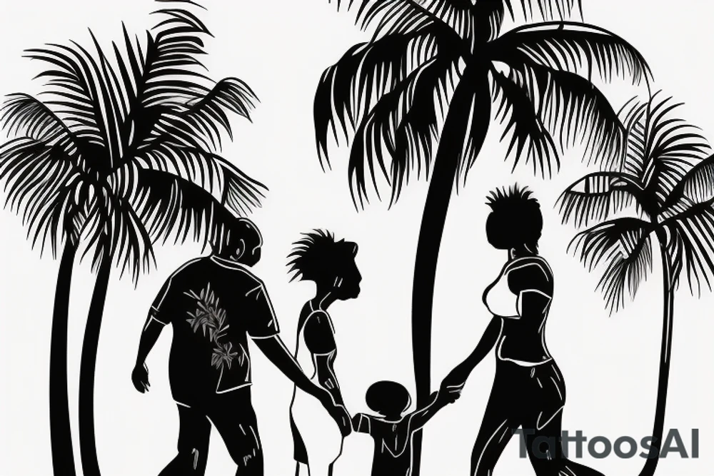 Mom and dad walk towards the horizon under a palm tree tattoo idea