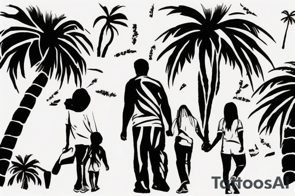 Mom and dad walk towards the horizon under a palm tree tattoo idea