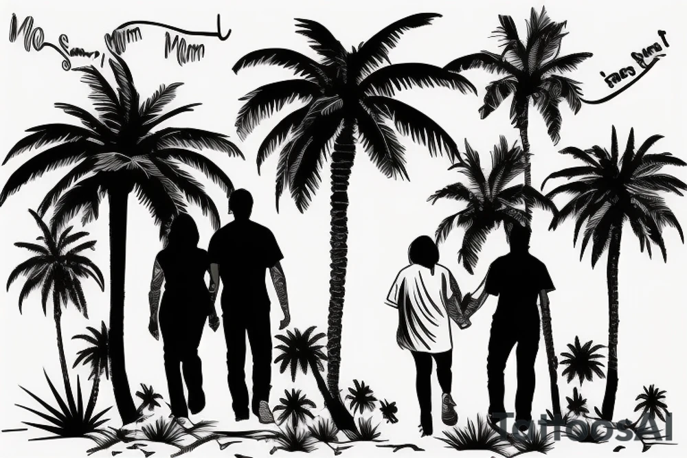 Mom and dad walk towards the horizon under a palm tree. sad tattoo idea