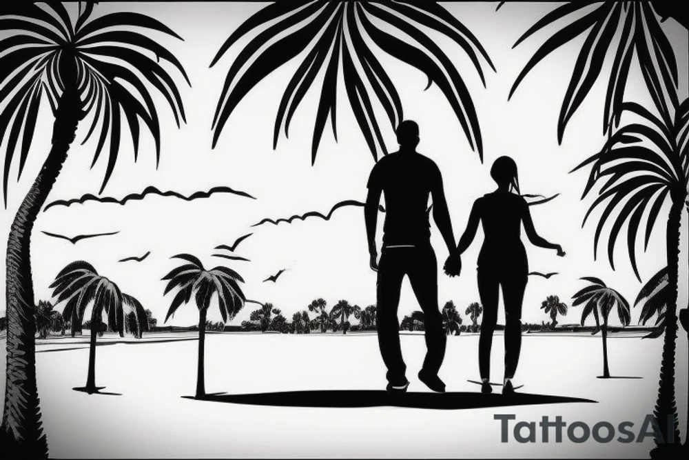 Memorial tatto of Mom and dad walk towards the horizon under a palm tree. tattoo idea