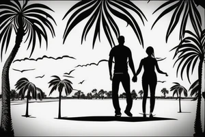 Memorial tatto of Mom and dad walk towards the horizon under a palm tree. tattoo idea