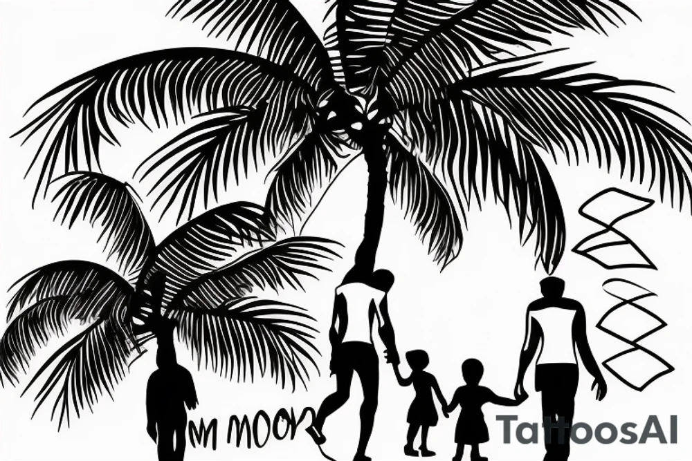 Memorial tatto of Mom and dad walk towards the horizon under a palm tree. tattoo idea