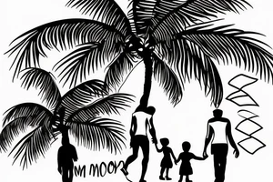 Memorial tatto of Mom and dad walk towards the horizon under a palm tree. tattoo idea