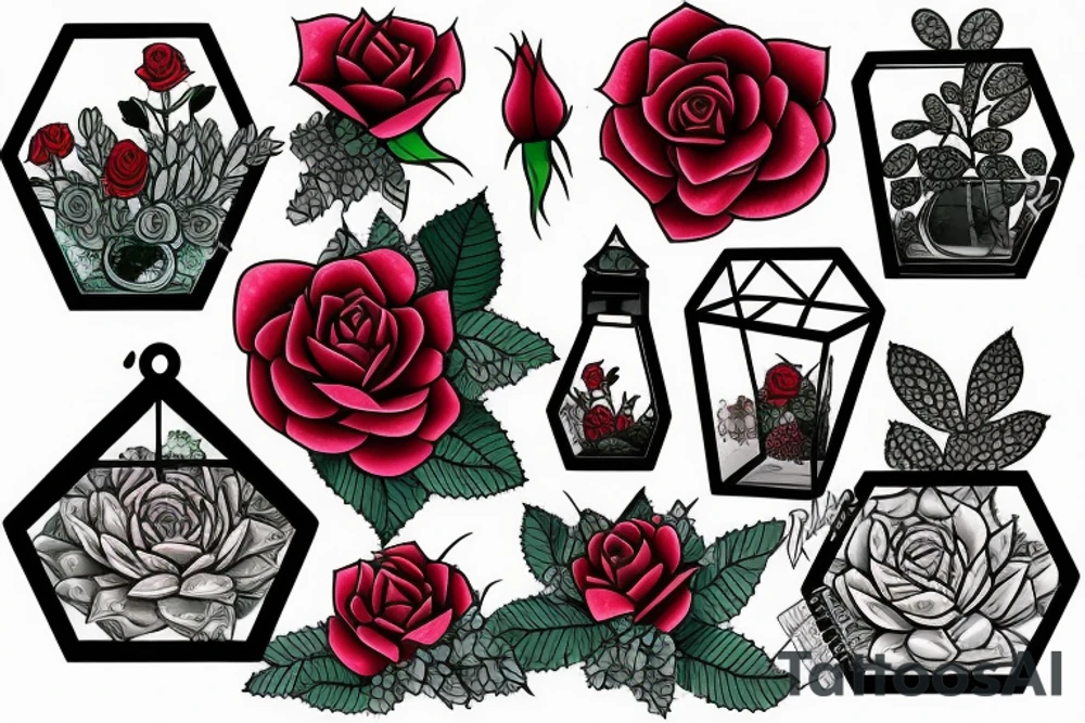 red rose inside a terrarium with other pretty succulents tattoo idea