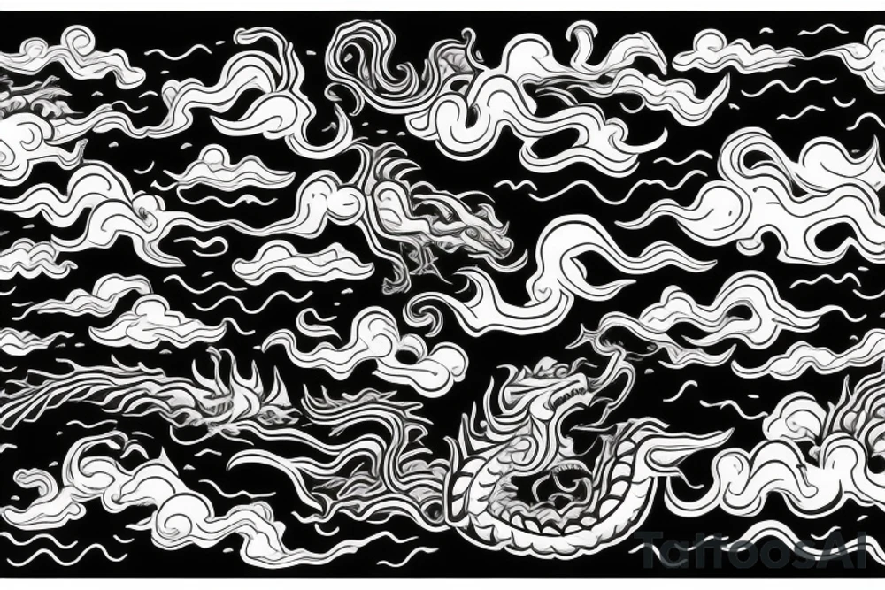 Dragon head with waves, clouds, lighting tattoo idea
