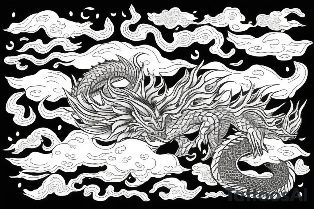 Dragon head with waves, clouds, lighting tattoo idea