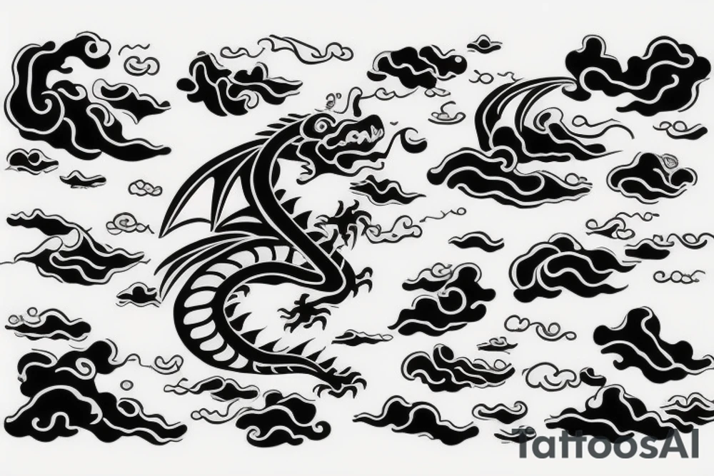 Dragon head with waves, clouds, lighting tattoo idea