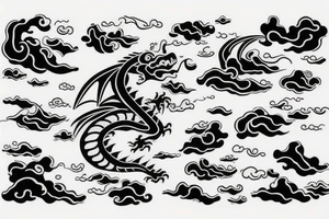 Dragon head with waves, clouds, lighting tattoo idea