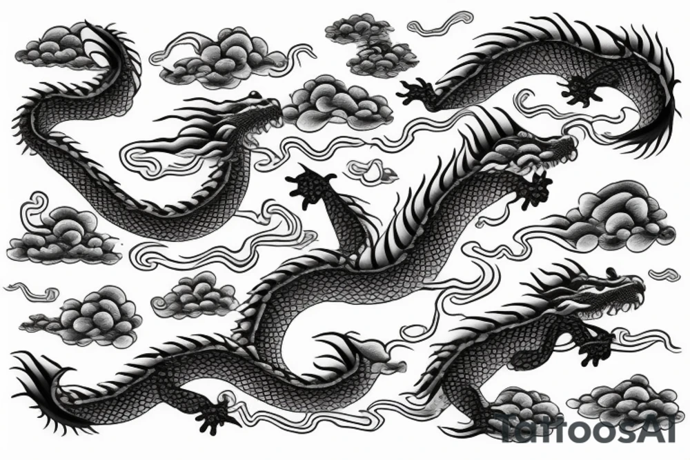 Dragon head with waves, clouds, lighting tattoo idea