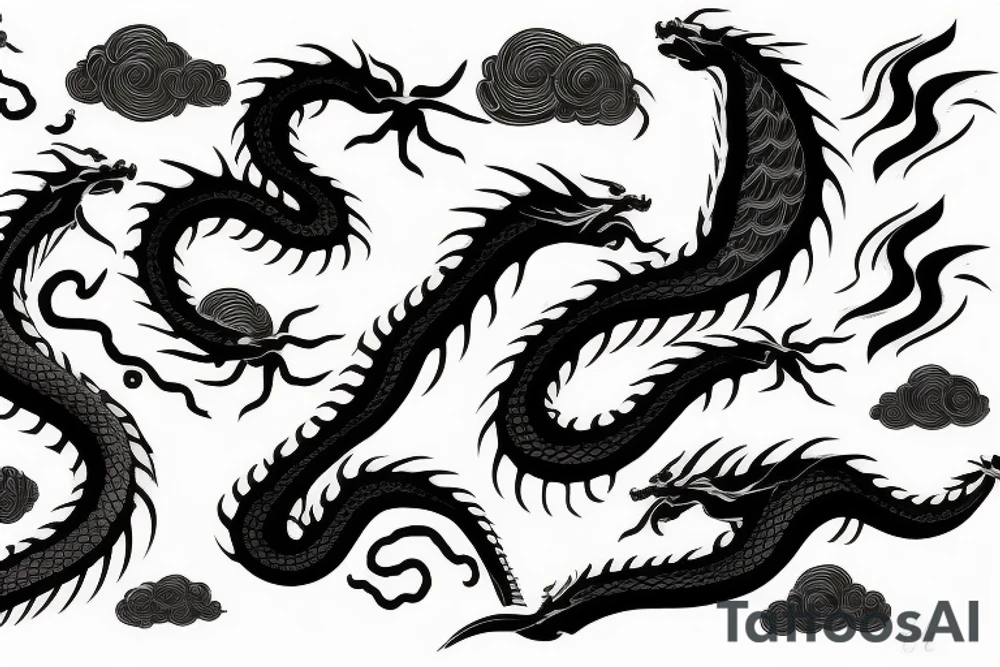 one Dragon with waves, clouds, lighting tattoo idea