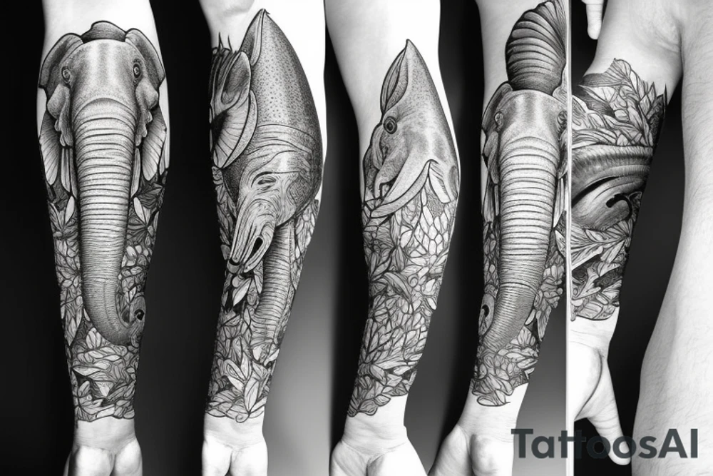 Leg half sleeve for calf area including: rainbow trout, elephant, dolphin, red eye tree frog tattoo idea