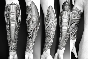 Leg half sleeve for calf area including: rainbow trout, elephant, dolphin, red eye tree frog tattoo idea