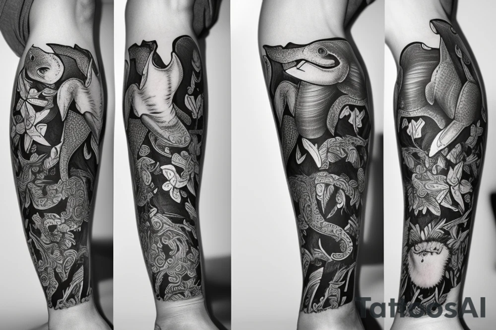 Leg half sleeve for calf area including: rainbow trout, elephant, dolphin, red eye tree frog tattoo idea