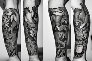 Leg half sleeve for calf area including: rainbow trout, elephant, dolphin, red eye tree frog tattoo idea