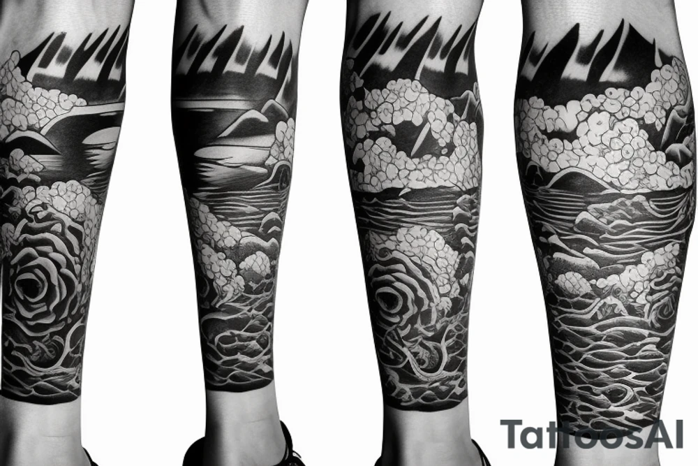 Leg half sleeve for calf area that merges a reef, colorado mountains, and the ocean tattoo idea