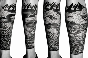 Leg half sleeve for calf area that merges a reef, colorado mountains, and the ocean tattoo idea