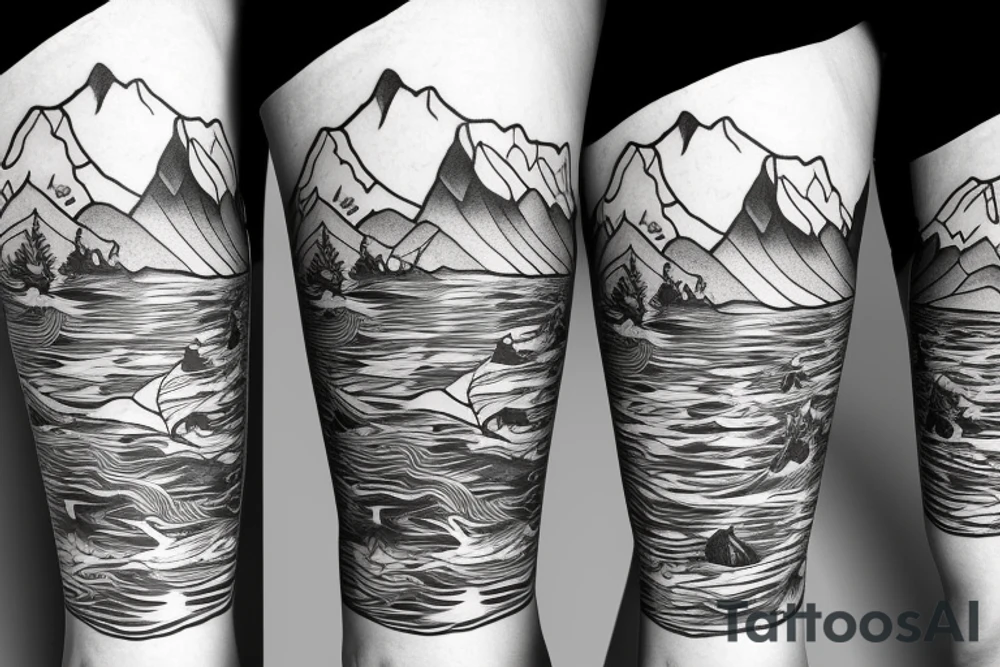 Leg half sleeve for calf area that merges a reef, colorado mountains, and the ocean tattoo idea