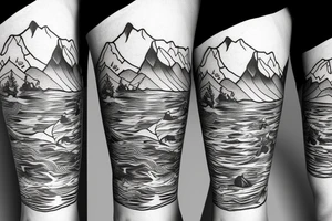 Leg half sleeve for calf area that merges a reef, colorado mountains, and the ocean tattoo idea