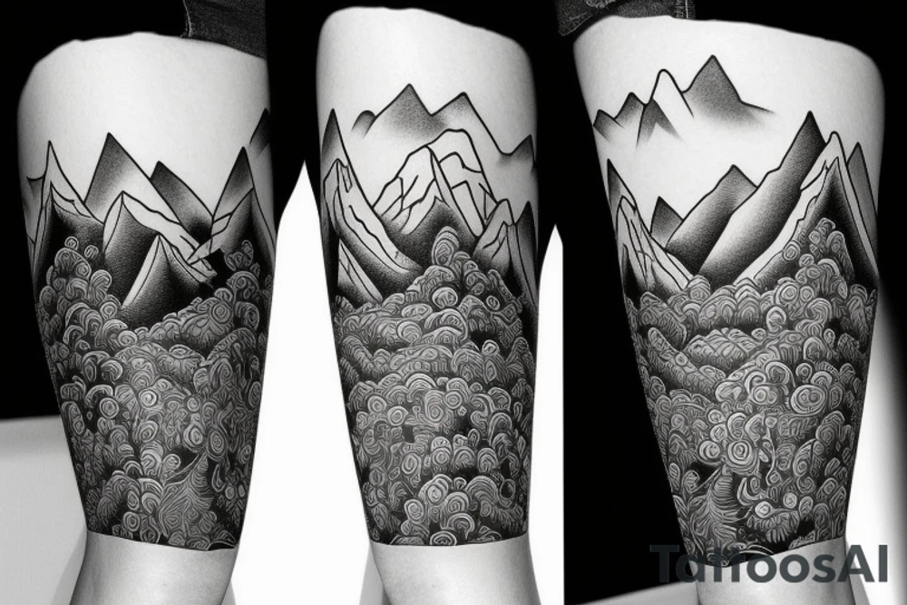Leg half sleeve for calf area that has mountains tattoo idea Leg half sleeve for calf area that has mountains tattoo idea