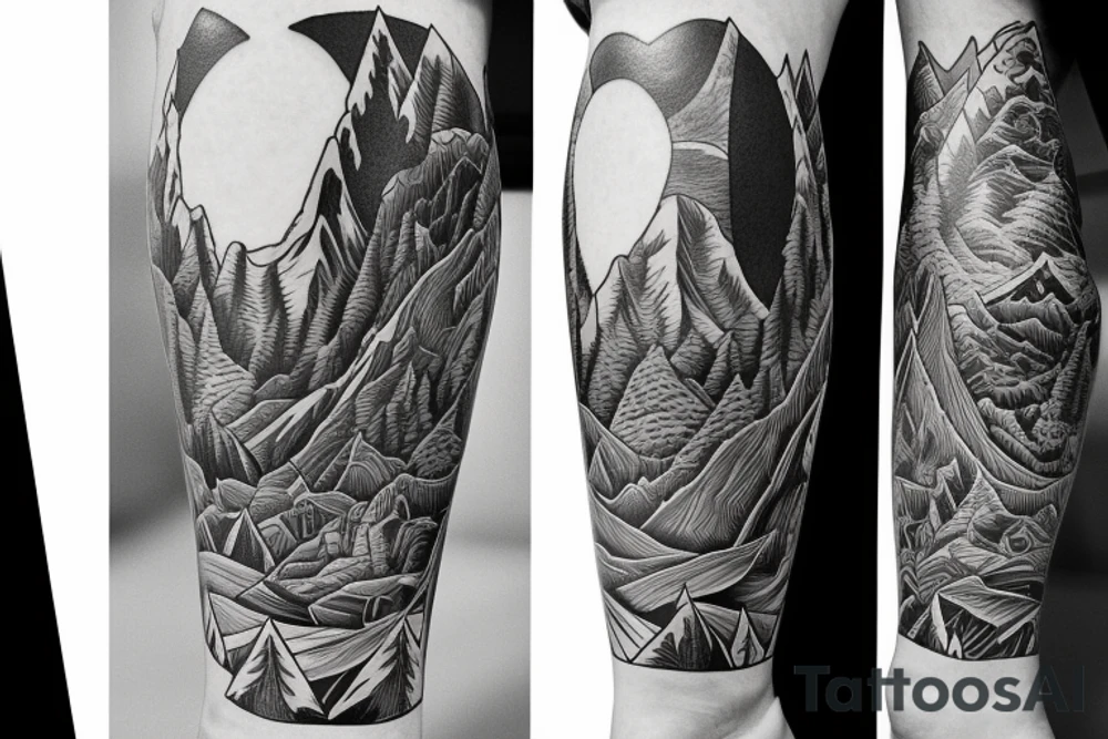 Leg half sleeve for calf area that has mountains tattoo idea