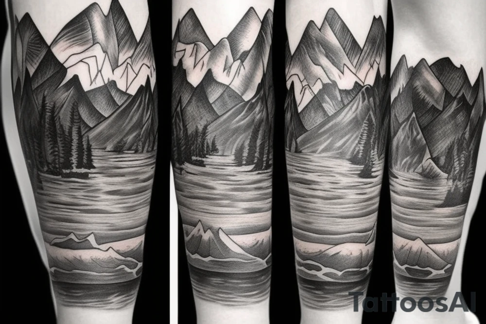 Leg half sleeve for calf area that has mountains tattoo idea Leg half sleeve for calf area that has mountains tattoo idea