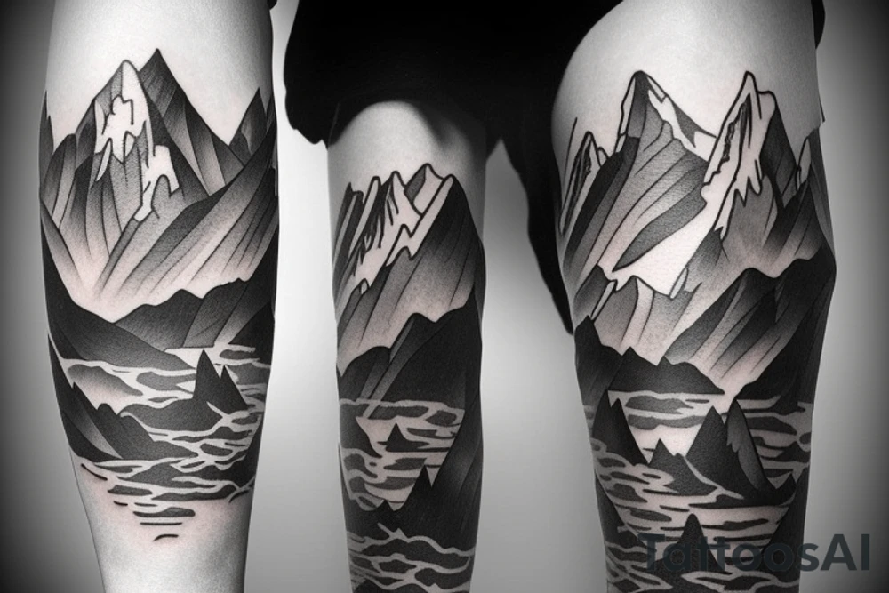 Leg half sleeve for calf area that has mountains tattoo idea