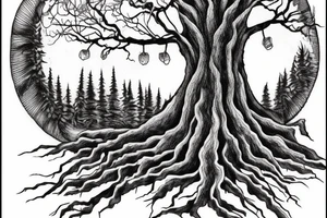 giant tree on a floating mountain with roots coming out the bottom tattoo idea