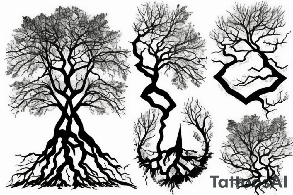 tree on a floating mountain with roots coming out the bottom tattoo idea