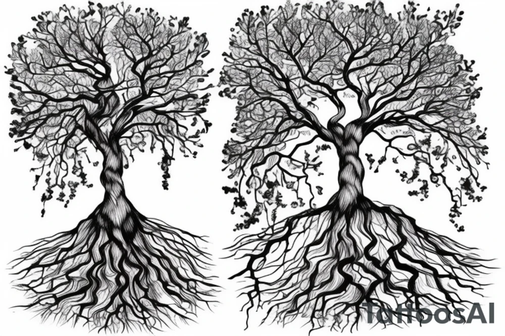 tree on a floating mountain with roots coming out the bottom tattoo idea