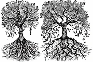 tree on a floating mountain with roots coming out the bottom tattoo idea